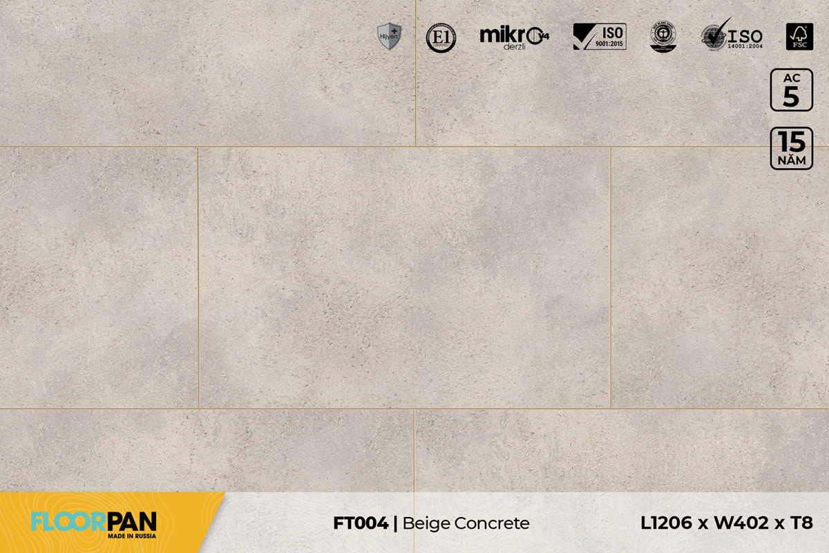 Sàn gỗ vân đá Floorpan FT004 Stone Beige Concrete – 8mm – AC5