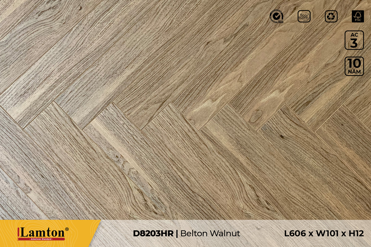 Sàn gỗ xương cá Lamton D8203HR Belton Walnut – 12mm – AC3